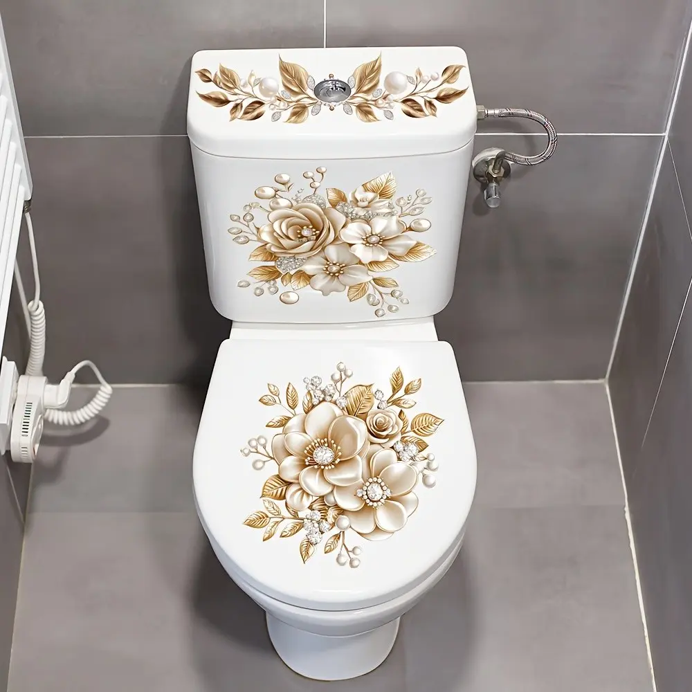 3-Piece Bathroom Toilet Sticker Set, PVC Self-Adhesive Decorative Decals, Matte Finish Irregular Floral Shape, Luxury Design Accessories, Bathroom Essentials