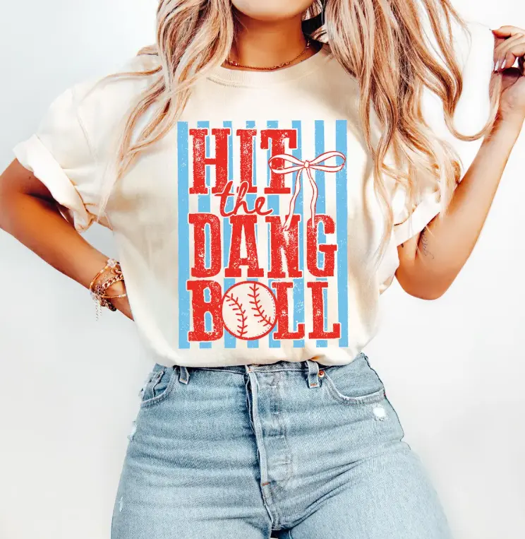 Hit The Dang Ball Baseball Shirt for Women, Trendy Coquette Bow Graphic Tee, Cute Vintage Game Day Softball Mom T-Shirt, Oversized Retro Sports Aesthetic Top, Pink Cotton Baseball Tee