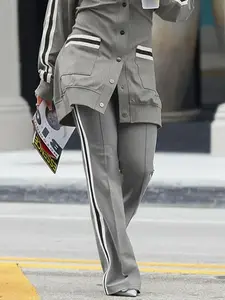 UOOZEE Women's Woven Fabric Striped High-Waist Wide-Leg Pants, Casual Lounge Pants, Casual Loose-Fitting Side-Stripe Long Bottoms, Sporty Womenswear for Everyday Daily Wear