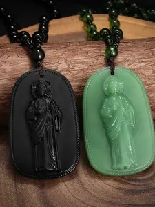 Religious gift: Imitation jade zodiac Buddha amulet pendant, ancient style jade guardian necklace