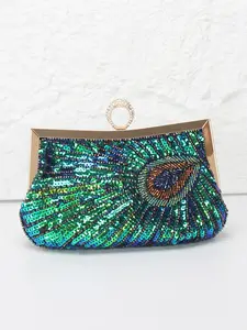 Elegant Peacock Feather Design Evening Bag, Sparkling Sequins Handbag with Detachable Strap, Rhinestone Buckle for Parties & Weddings, Embellished Clutch