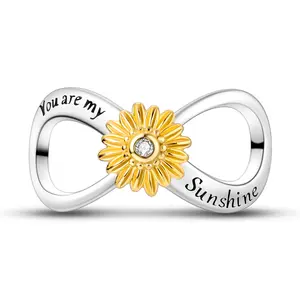 MULA 925 Sterling Silver Sunflower Infinity Pendant | 4K Gold Plated Charm with Sparkling Zirconia | "You Are My Sunshine" Engraved Beads | Fits Pandora Bracelets and Necklaces | Meaningful Gift for Women