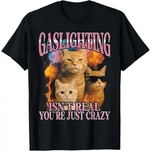 Cotton Streetwear Graphic Tees Casual Round Neck Shortsleeve Fashion Gaslighting Isn't Real You're Just Crazy Funny Cat T-Shirt