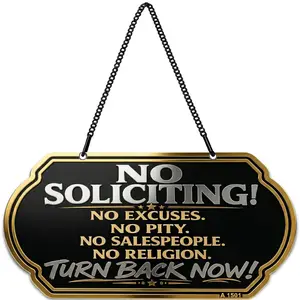 Absolutely No Soliciting Sign for House, 10x5" Heavy Duty 50 Mil Aluminum Metal No Soliciting Door Sign with Chain, Weatherproof UV Protected Office Business Sign, Black and Gold, 1-Pack