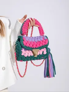 Women's Colorblock Braid Crochet Design Handbag, Fashionable Tassel Decorated Crossbody Bag for Daily Used, Casual Trendy Versatile High-quality Daily Commuting Bag, Colorblock Tassel Bags, Casual Trendy Purses, Chic Crossbody Purse