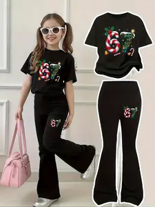 Girls' Christmas Theme Candy Short Sleeve Bell Bottom Set, Print Design, Loose Fit, Perfect for Casual & Festive Occasions, Edc Outfits Girls