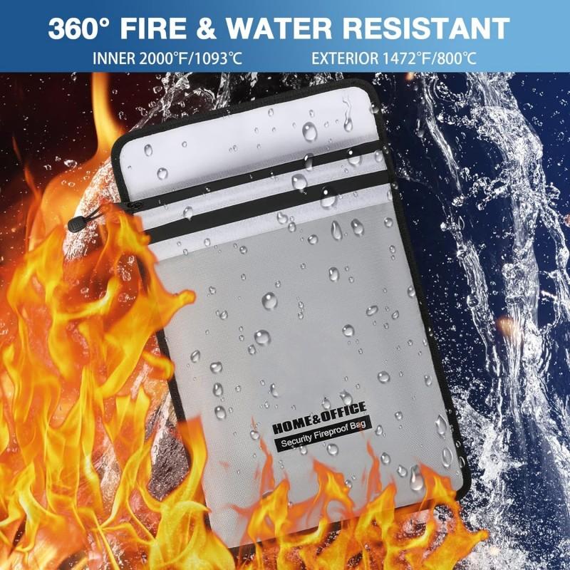 Two Pockets Fireproof Document Bag (2000℉), 15”x 11”Waterproof Fireproof Money Bag for Cash with Zipper, Important Document Storage Organizer for Valuables, Legal Documents Safe