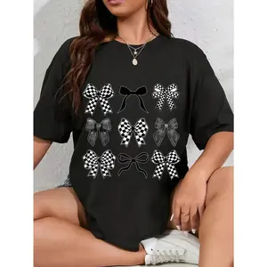 100% Cotton Unisex Coquette Bow Checkered Flag Race Car Racing Women Cute T-Shirt,summervibes