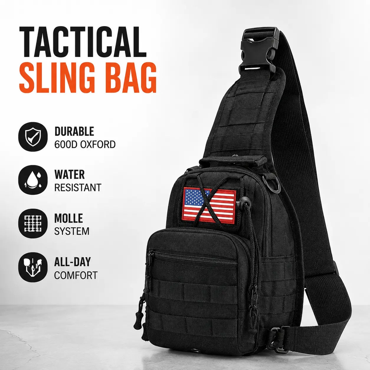 Mens Tactical Sling Shoulder Bag Durable 600D Oxford Chest Pack Waterproof Molle System Crossbody Backpack Heavy Duty EDC Outdoor Gear Hiking Camping Hunting Fishing Travel Daypack USA Flag Patch Summer Vacation Essentials Must Haves Gift