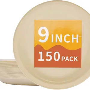 Compostable Paper Plates 9 Inch 150 Pack 100% Biodegradable Heavy Duty Eco Friendly Disposable Dinner Plates for Camping Parties Plastic