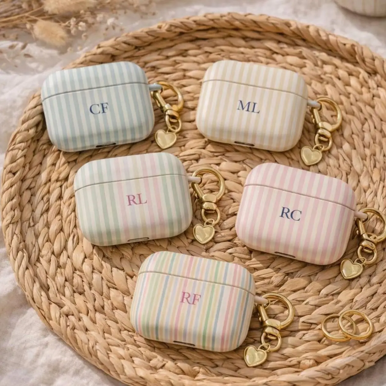 Personalized Monogram Airpod Case Stripes Initials, Name Custom Cover For Airpods Gen 1 2 3 4 Pro, No Keychain, Protective Accessories Gift