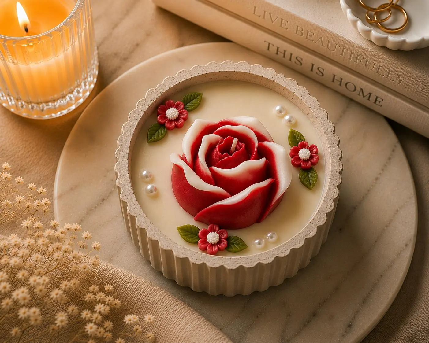 Handmade Soy Floral Candle - A Change of Heart, Hidden Color Reveal Wax Heart - Wedding, Valentines Day, Mother's Day Gift, Rose Gold Accent, Universal Home Decor