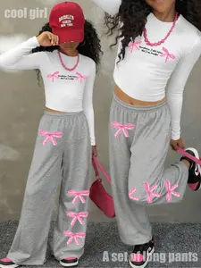 Girls' Fashion Sweet Set, Art Letter Print Short Top & Bow Wide Leg Pants, Casual Comfortable, Perfect Gift Choice