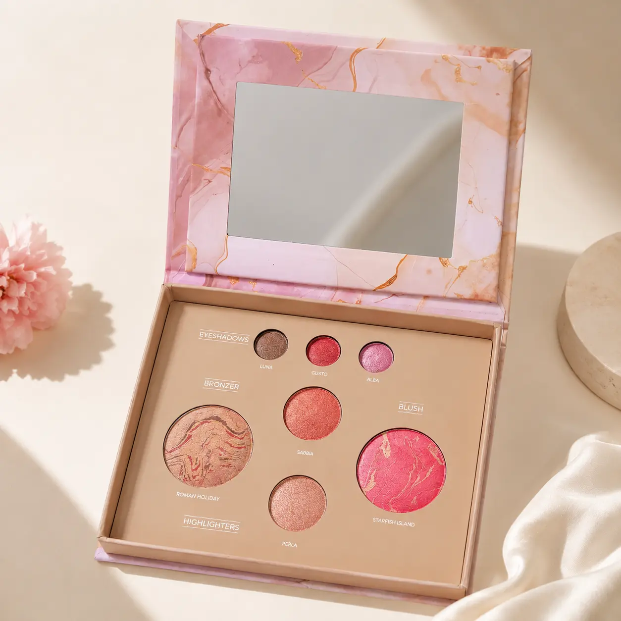 Julystar All-in-1 Baked Face Palette, 7-in-1 Travel Makeup Kit with Halo Glow Shimmer Peach Blush, Eyeshadow, Bronzer & Highlighter, Long-Lasting