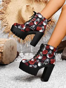 Women's Rose Skull Boots, Lace-Up Platform Design, Soft Sole Thick Heel, Round Toe Shoes for Halloween Party, Fashionable & Comfortable, Boot Heels
