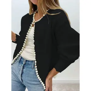 Women’s pearl-trim open-front cardigan, elegant long-sleeve black sweater, chic knit top for fall and winter, women’s jackets