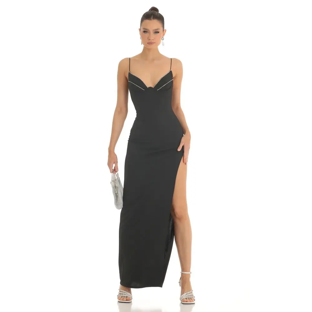 Crepe Rhinestone Corset Maxi Dress in Black