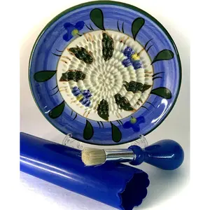 All-in-one Premium Ceramic Garlic Grater Plate 4-Piece Set - Blue Flower Design, Classic Style - For Garlic, Ginger, Chocolate, and more! - Comes with 5.25" Plate, Peeler, Brush, and Stand