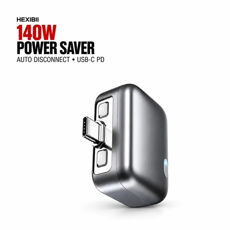 HEXBII 140W Safety Power Saver Adapter - USB-C PD Fast Charge, PD/QC Support, AI Auto-Disconnection, Auto Shut-Off, Current Cut, Self-Eject, Blue LED Night Travel Manager, Universal Compatibility for Smartphones, Laptops, MacBooks, USB-C Power Banks