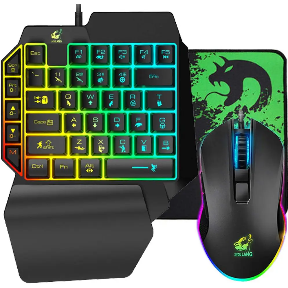 T1 39-Key 1-Handed Gaming Keyboard and Mouse Combo, PC Gaming Accessories with Wrist Rest, Rainbow Backlit Keypad, Full Anti-Ghosting Mechanical Feel, 2400 DPI Adjustable Optical Sensor, Braided USB Cable, Gamer Stuff, PC Mouse for Gaming