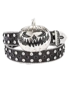 Punk Pumpkin Head Belt with Rhinestones, Unisex PU Leather Belt, Halloween Gift, Fashion Accessory for Men and Women, Rhinestone Decorated Belt