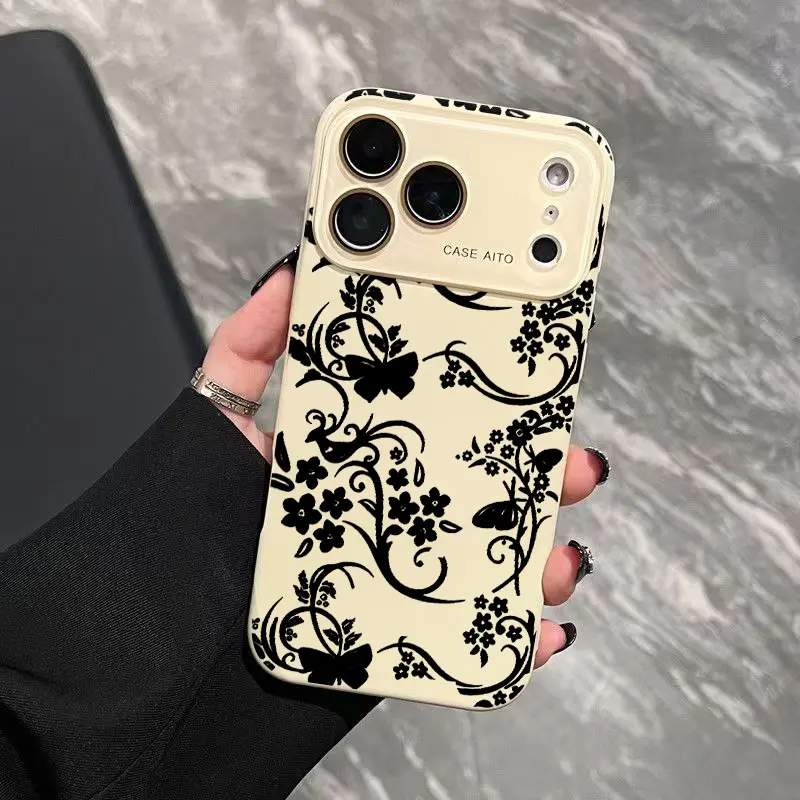 Vintage Exquisite Flower Pattern Dopamine Ins Style Solid Color Phone Case with Ultra Skin friendly Touch, All Inclusive Lens Phone Case Suitable for Apple 17 16 15 14 13 12