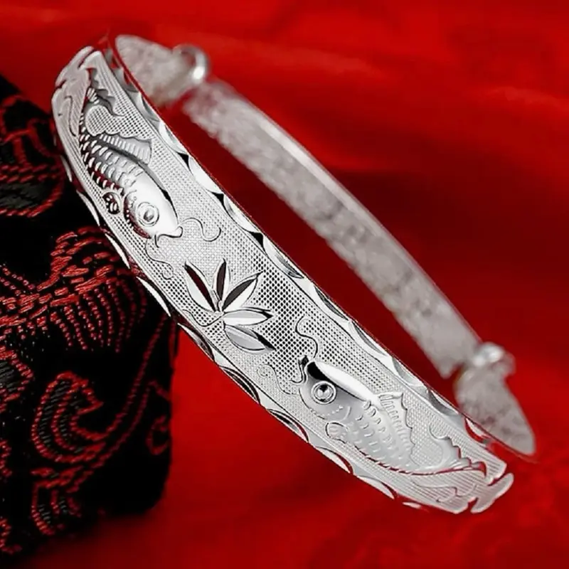 Women's Silver Chinese-Style Open Cuff Bangle Jewelry, Pisces & Lotus Themed with Dragon Phoenix Carvings