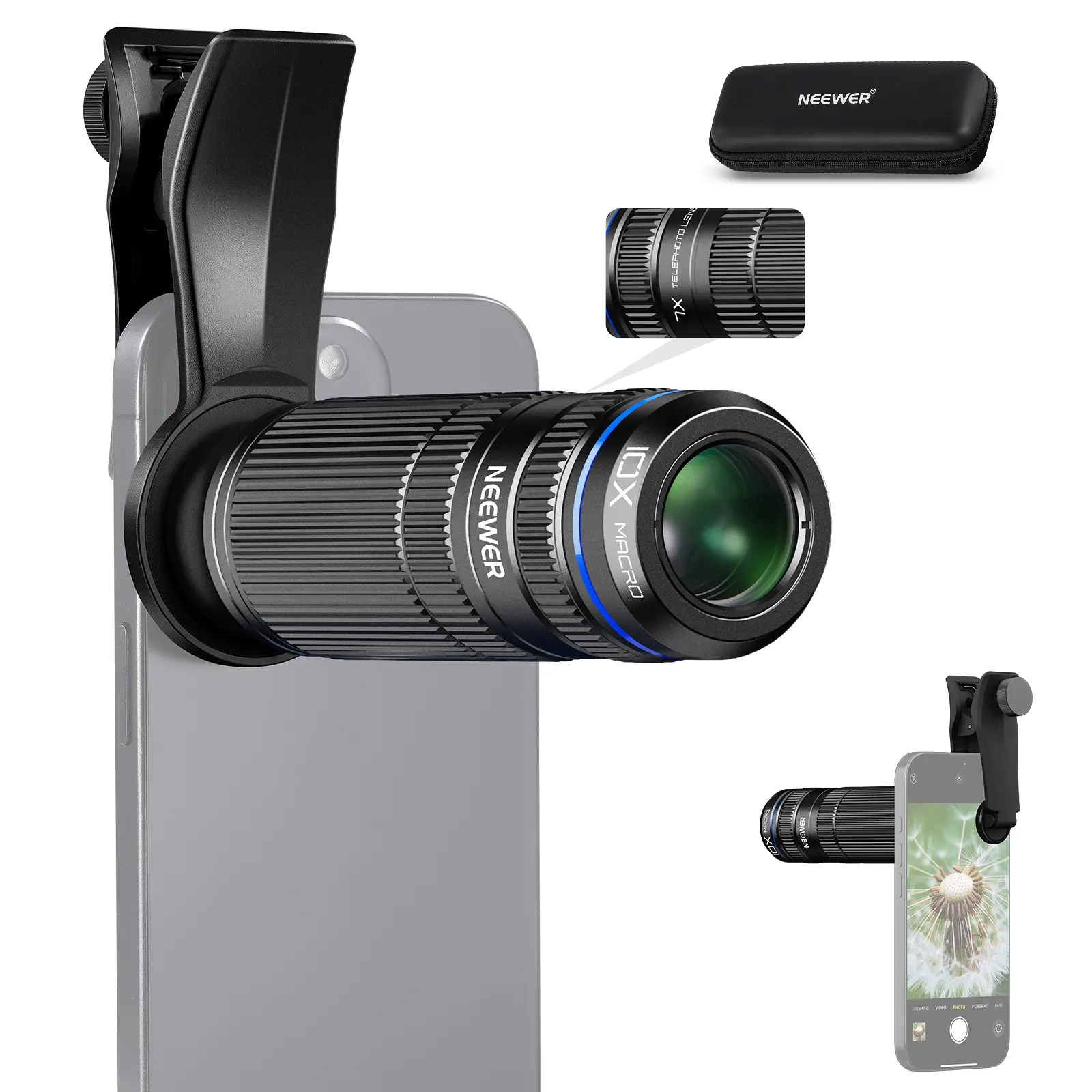 NEEWER LS-36 Ultra 7X Telephoto Phone Lens, Detachable 10X Macro Camera Lens with 17mm Threaded Backplate, Compatible with iPhone Samsung, Phone Cage & Case