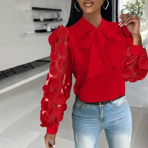 ChicMe Women's Floral Pattern Long Sleeve Blouse Solid Tie Neck Mesh Patch Shirt Office Work Tops