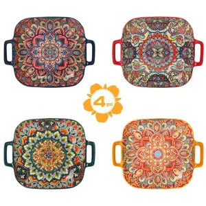 Bohemian Square Ceramic Plate with Double Handles, Oven & Microwave Safe, Vintage Floral Pattern, Aesthetic Tableware, Creative Home Serving Plate for Fruit, Pasta and Stir-Fry Dishes, Salad Plates