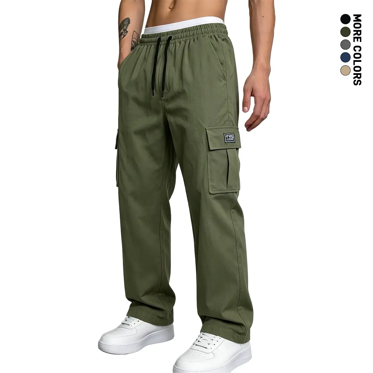 Classic basic men’s cargo pants with a drawstring elastic waistband and multiple pockets; comfortable, easy to care for, with stylish branding; lightweight summer design; fabric weight: 170 GSM; material: 100% polyester fiber; sizes: 28–36.