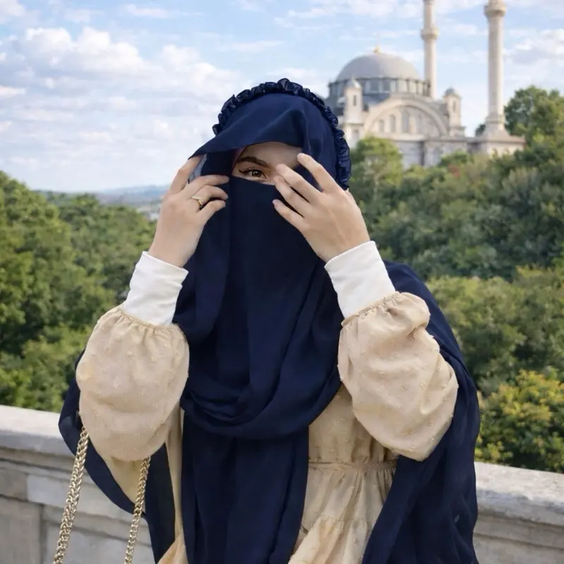 Navy Blue Burqa princess crown chiffon niqab Veil Muslim 2 pc set Free Size