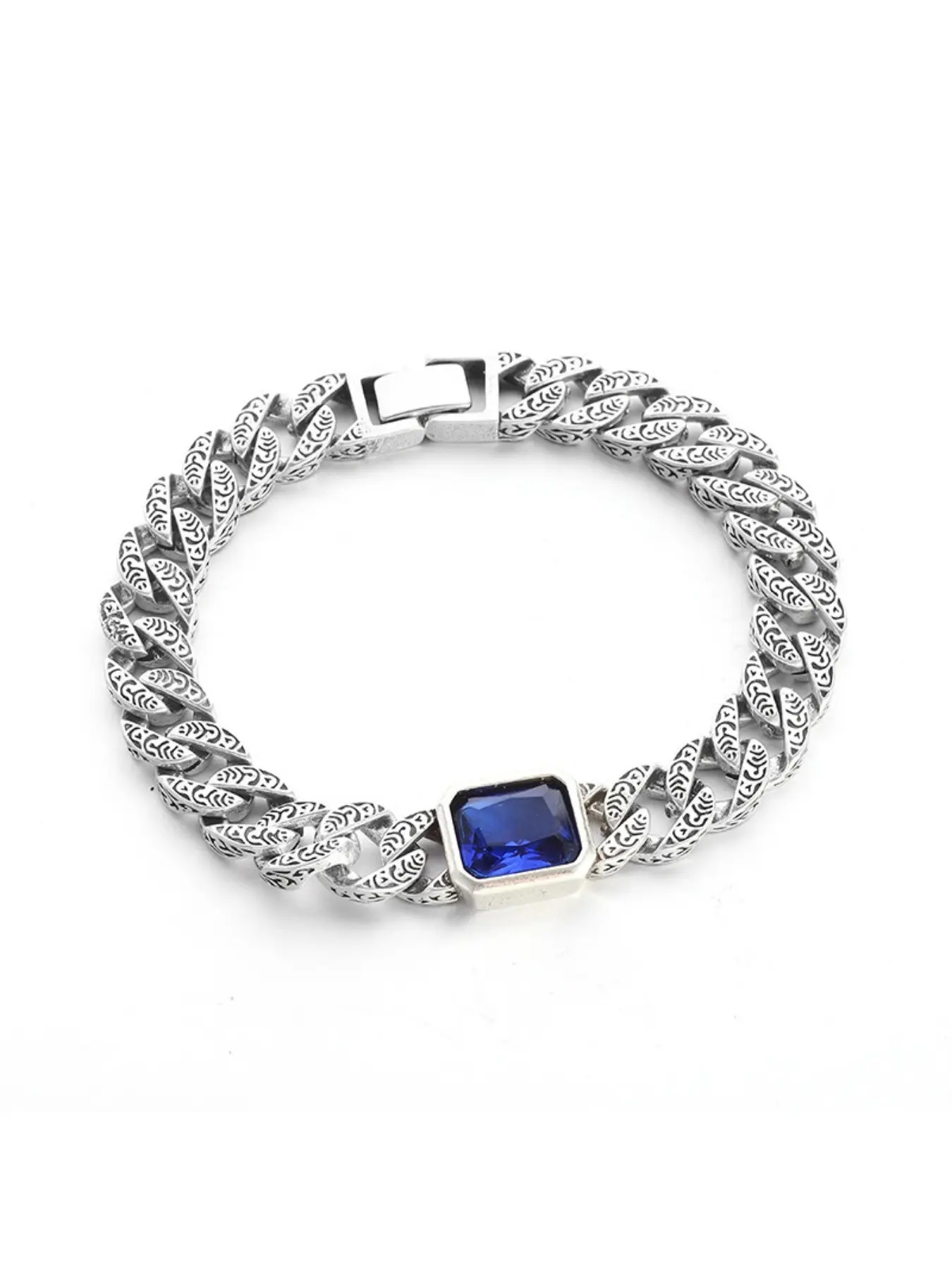 Blue Stone Tang Pattern Couple Bracelets, Unisex Cuban Link Pair, Korean Fashion Unique Style, Trendy Accessories for Men and Women, Cuban Chain Bracelets, Bracelet Design, Alloy Chain Bracelet