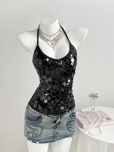 Glamine Women's Sparkling Sequin Embroidered V-Neck Halter Backless Camisole Top Black Sequin Top Sparkly Black Top Sequin Halter Top Black Party Top Women's Sequin Top