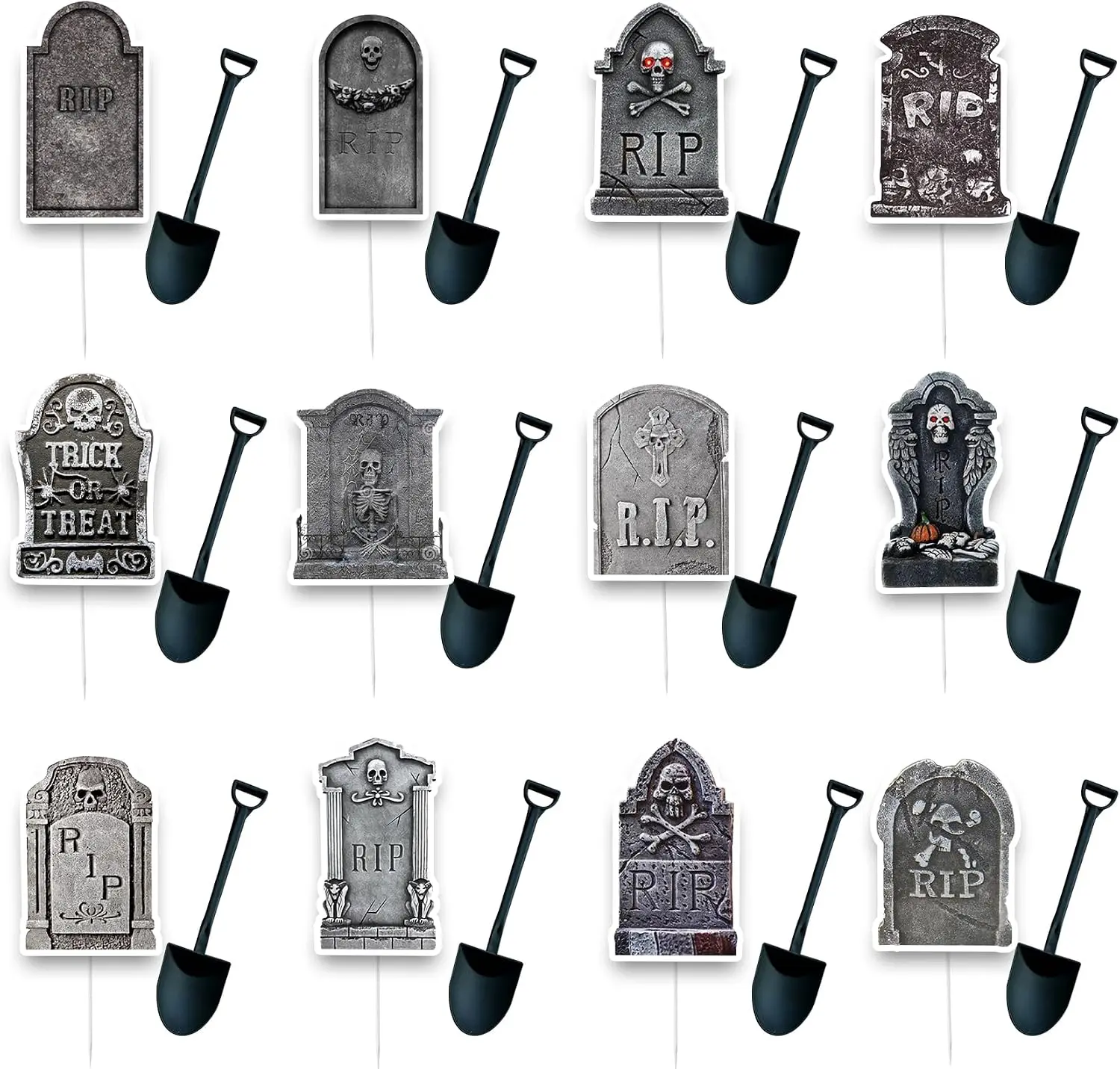 Halloween Cupcake Toppers, 48 PCS Tombstones Graveyard Cupcake Toppers with Mini Shovel Spoons for Halloween Party Decorations, Horror Birthday Decorations, Nightmare Before Christmas Cake Topper