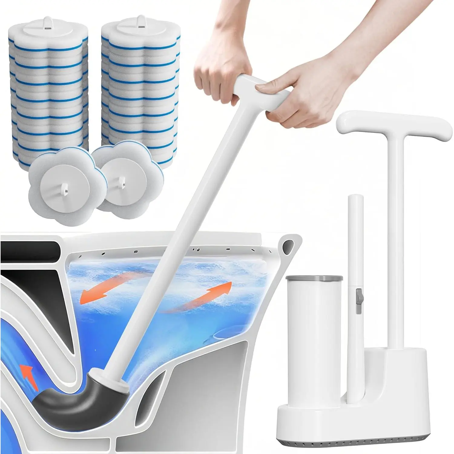 Disposable Toilet Brush and Plunger Set,  Handdle Toilet Plunger, -in-1 Bathroom Cleaning Kit with 18 count Refills, Toilet Cleaning Stick and Ventilated Holder (White)