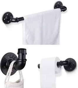 Industrial Pipe Bathroom Hardware Fixture Set by Pipe Decor 3 Piece Kit includes Robe Hook 18 Inch Towel Bar and Toilet Paper Holder Heavy Duty DIY Style Modern Chic Electroplated Black Finish
