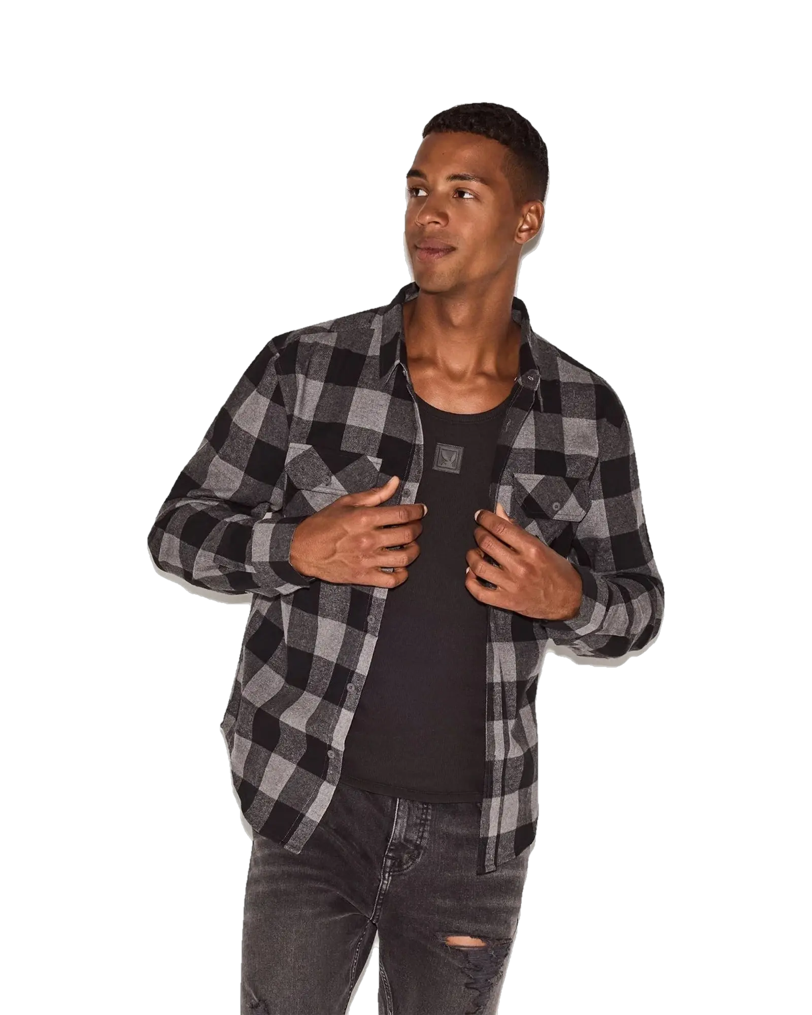 Playboy Men's Black Flannel Long Sleeve Shirt