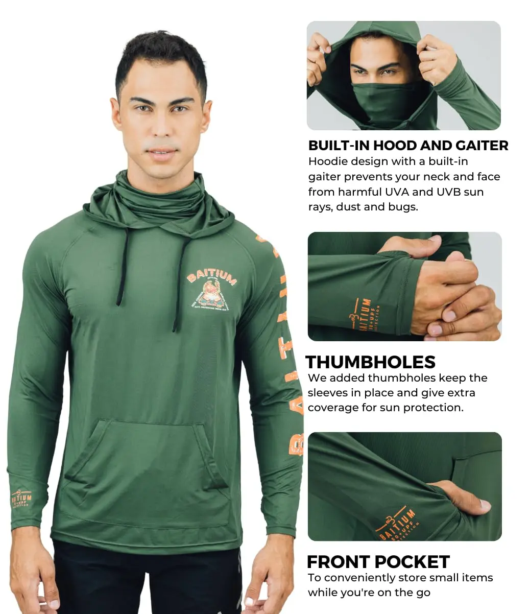 Baitium Fishing and Construction Shirts - Hooded UPF 50 Long Sleeve with Gaiter - Lightweight, Breathable, Moisture-Wicking, Premium Outdoor Wear for Men