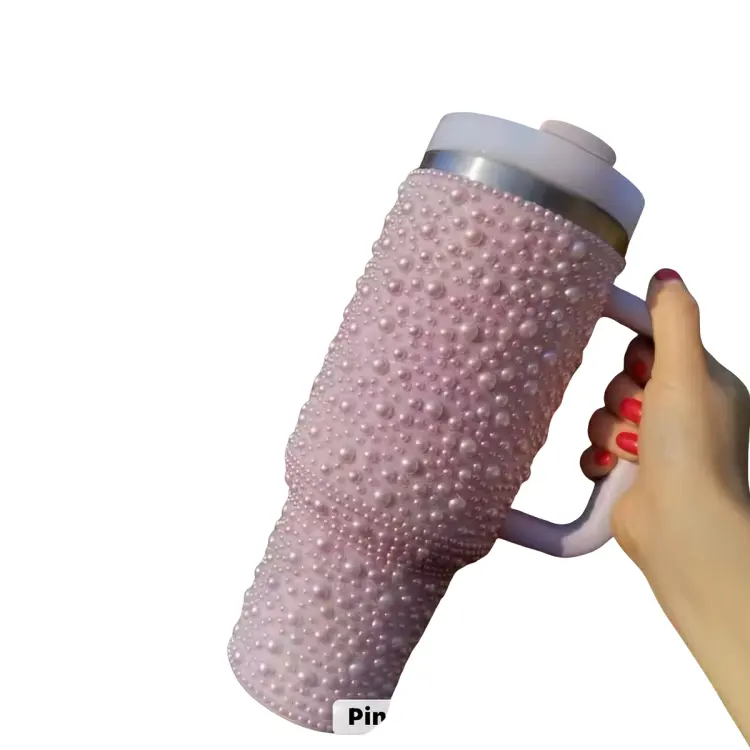 Pink Pearl Studded Tumbler – 40oz Reusable Water Bottle with Handle & Lid