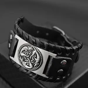 Men's Fashion Woven PU Leather Bracelet, Retro Viking Punk Wide Animal Totem Four-Button Bracelet Gift