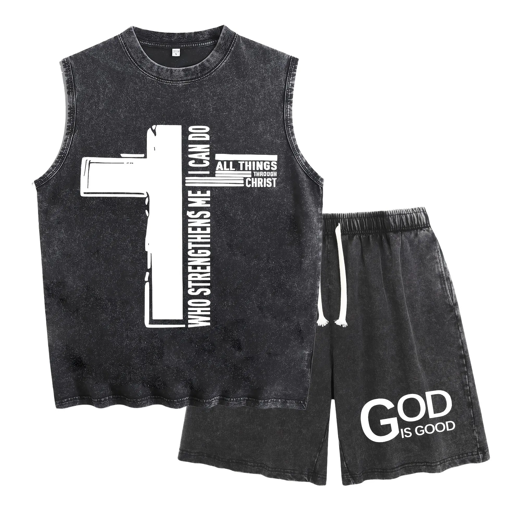 Vintage Washed 100% Cotton Sleeveless Tank And Shorts Set I Can Do All Things Through Christ Cross Graphic GOD IS GOOD Mens Religious 2 Piece Outfit