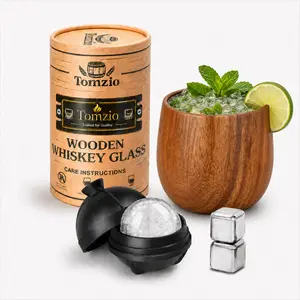 Tomzio REAL-Charred Acacia Wood Whiskey Glass Set - 11oz Insulated Bourbon Tumbler for Men, Handcrafted One-Piece Solid Wood Old Fashioned Glass for Scotch & Cocktails, Fits 2.5" Ice Sphere, Gift Box perfect present Wooden Utensils