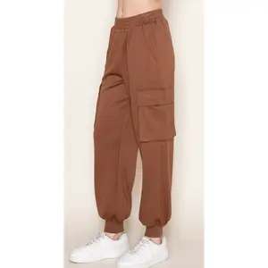 High Waisted Solid Knit Cargo Joggers - Brown - Full
