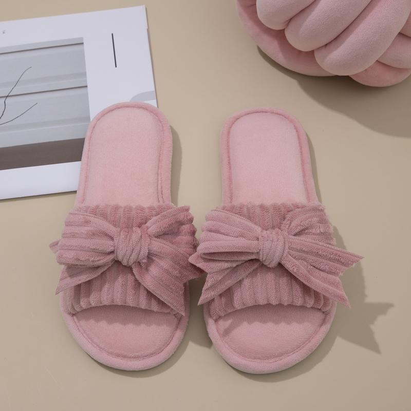Women's Plush Bow Knot Home Slippers - Open Toe Soft Indoor House Shoes for Spring & Autumn in Pink Black & White Colors