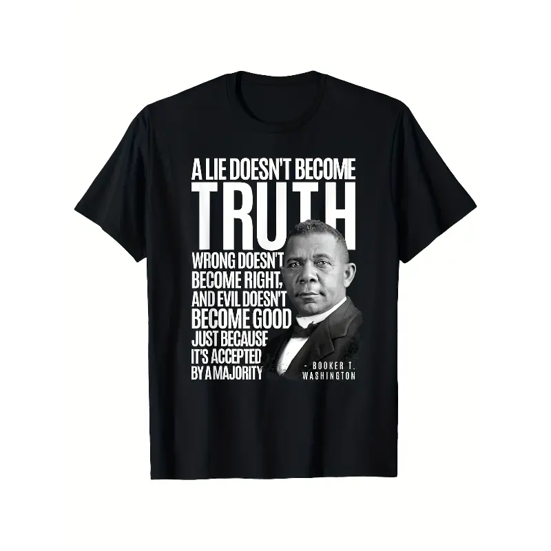 Men's 180g Pure Cotton Crew Neck Short-Sleeve T-Shirt - Black History Month Inspired Booker T. Washington Graphic Top, Casual Fit, Knit Micro Stretch, Breathable, Minimalist, Fitted Cut, Full Print Menswear