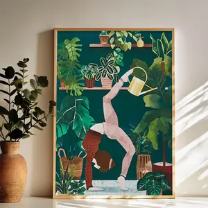 Yoga in a Lush Green Oasis Wall Art Vintage Black and White Art Posters Funky Aesthetic Canvas Prints Retro Bar Cart Decor for Bar Bedroom