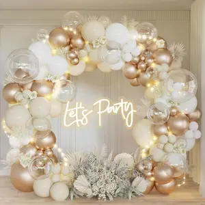 White Sand & Champagne Gold Balloon Arch Kit with Clear LED Balloons for Boho Wedding Party Decor