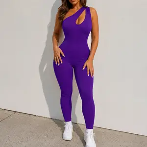 Purple Ribbed One Shoulder Cutout Bodycon Jumpsuit High Stretch Form Fitting Full Length Unitard Night Club Going Out Outfit