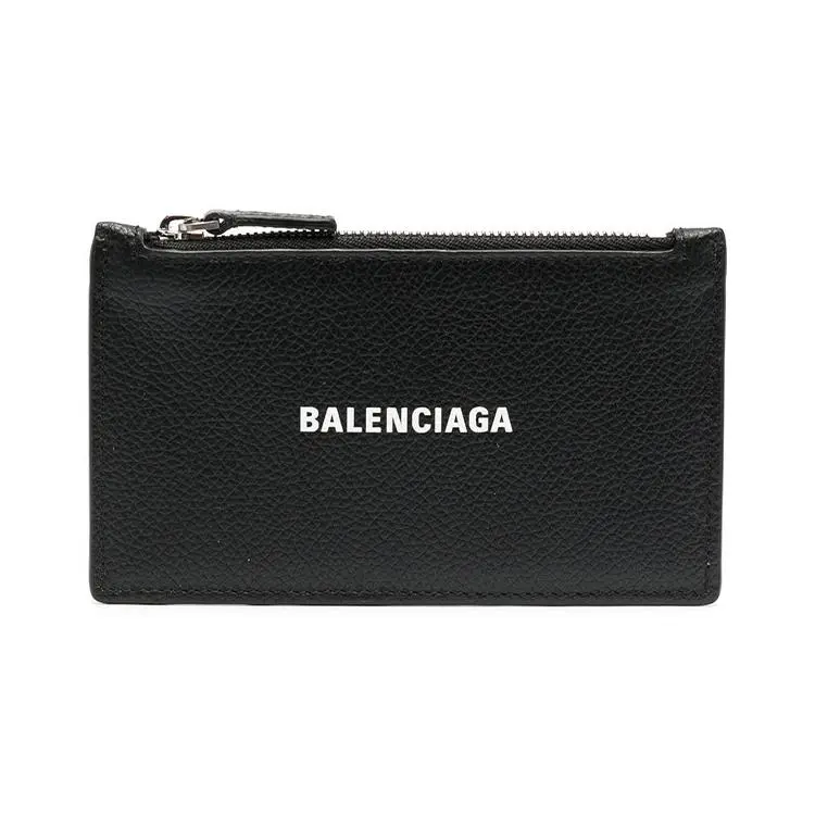 Balenciaga Men's Genuine Leather Mini Wallet, Logo Print, Zipper Wallet Design, Black, Genuine Leather Wallet
